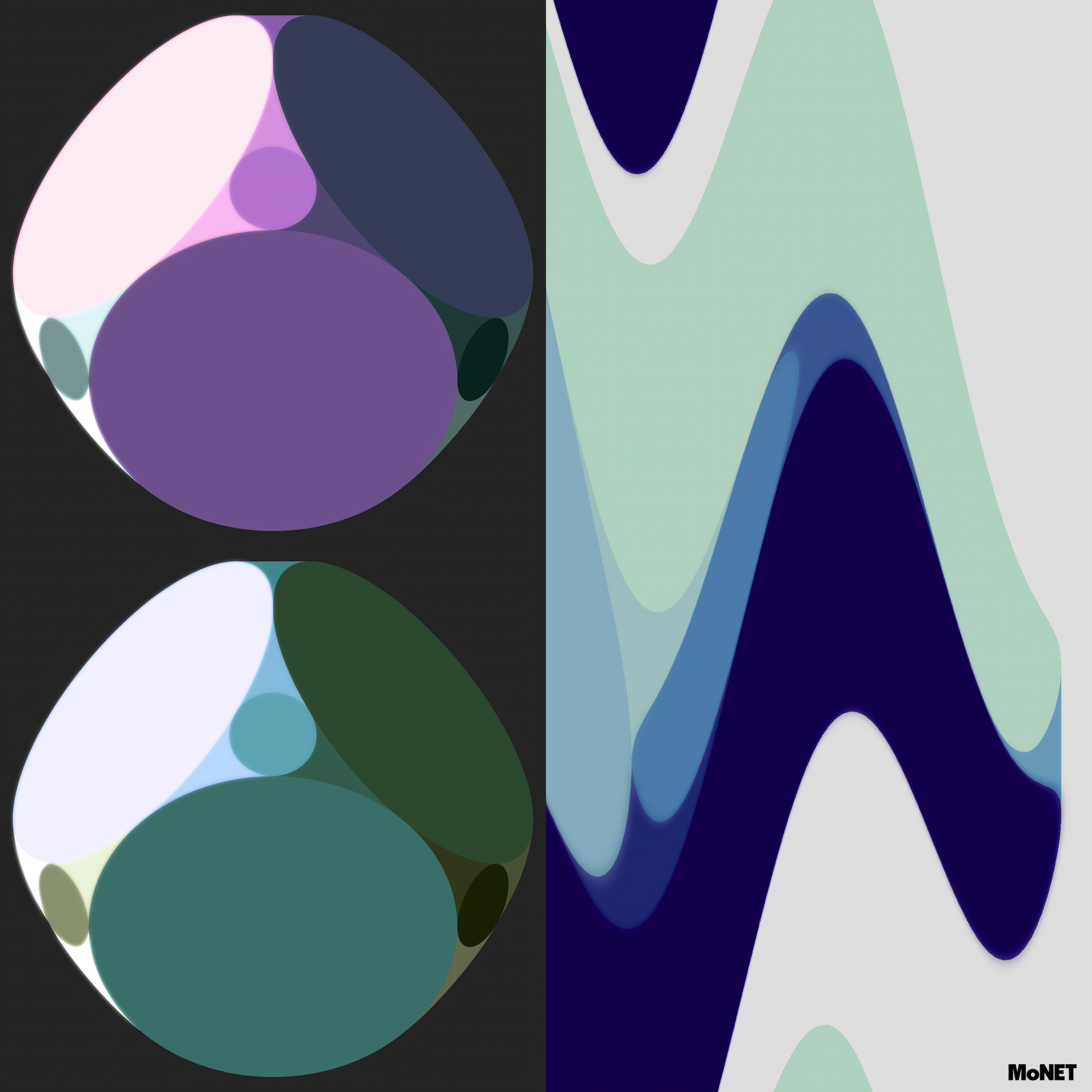 Abstract digital art with multicolored, overlapping waves and zigzag lines over large, soft-edged shapes in red, blue, green, and purple tones, creating a dynamic, layered, and vibrant composition.