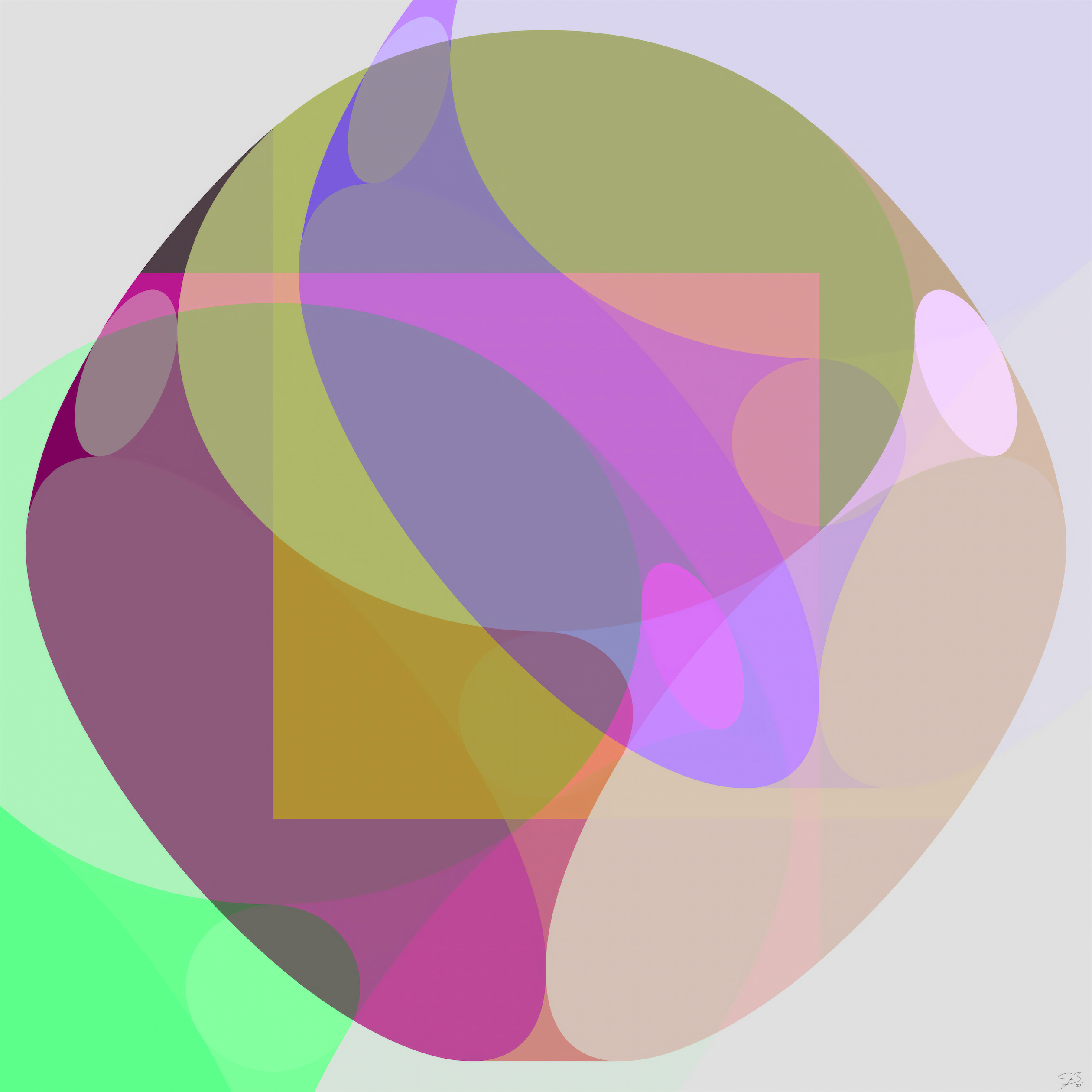 Hummingbird House by Beau Monet features overlapping translucent shapes—circles, ovals, rectangles, polygons—in muted purple, green, pink, tan, and gray. This abstract digital artwork is ideal wall art for modern luxury interiors.