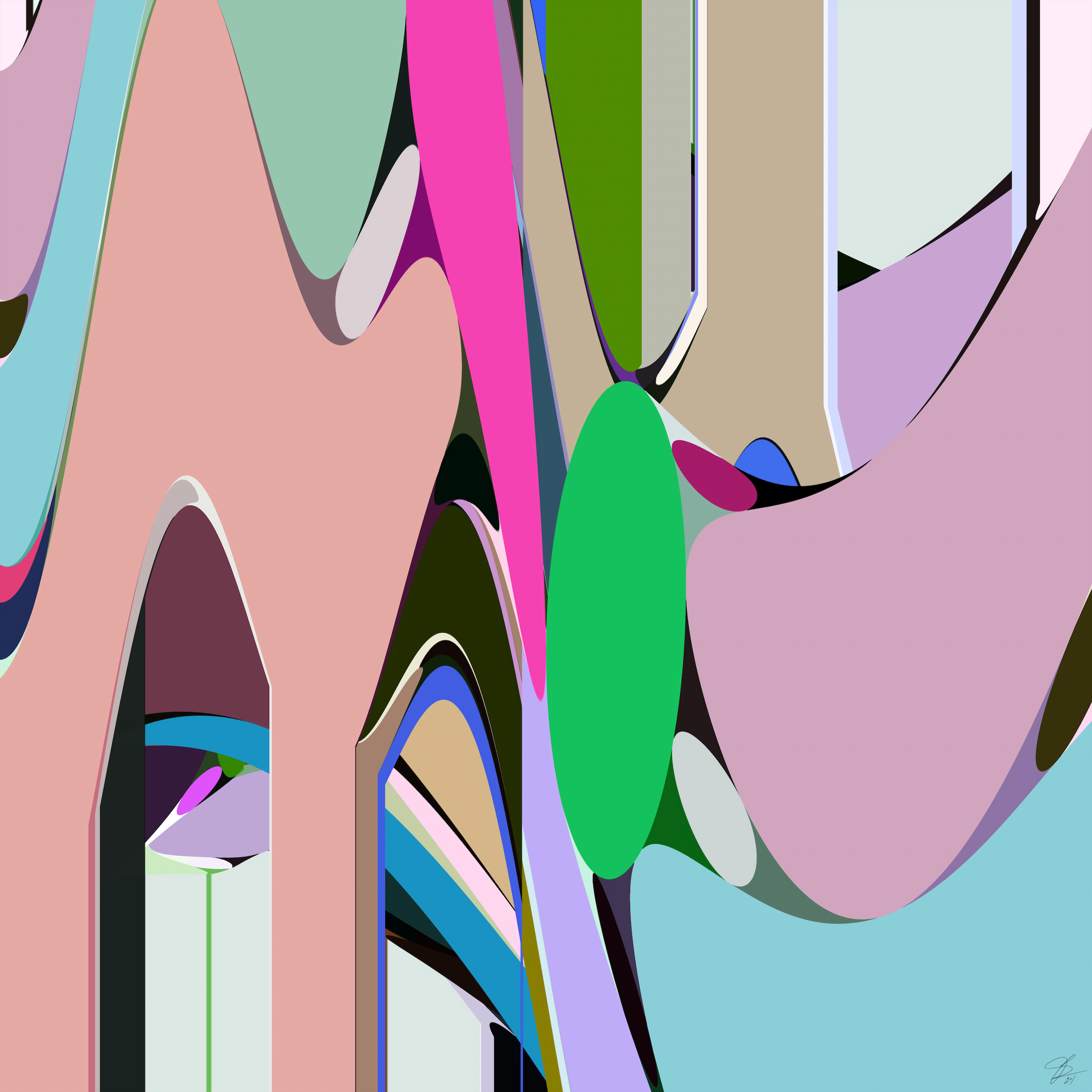 Act As If" by Beau Monet is a modern abstract digital artwork with wavy, overlapping shapes in pastel pink, green, blue, and beige—bold accents make it a dynamic statement piece for any contemporary wall art collection.