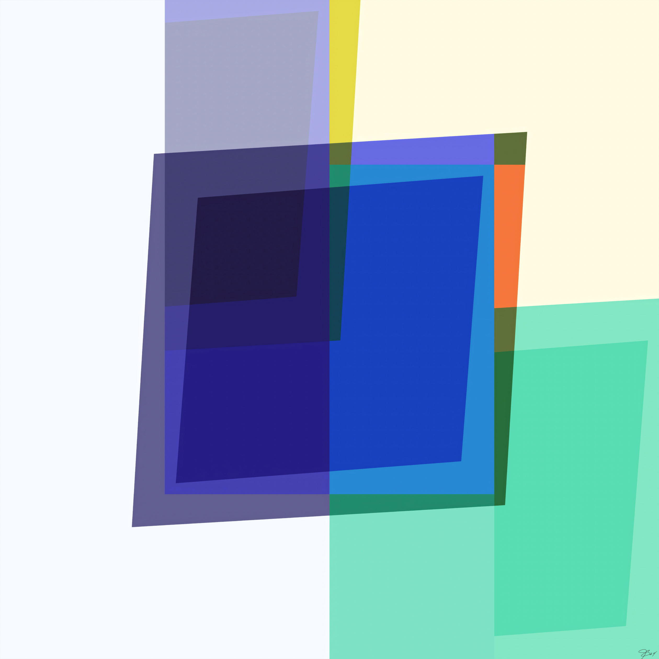 Super Ego by Beau Monet is a contemporary geometric artwork featuring overlapping semi-transparent rectangles and squares in blue, green, purple, yellow, orange, and teal on a light background for striking layered color effects.