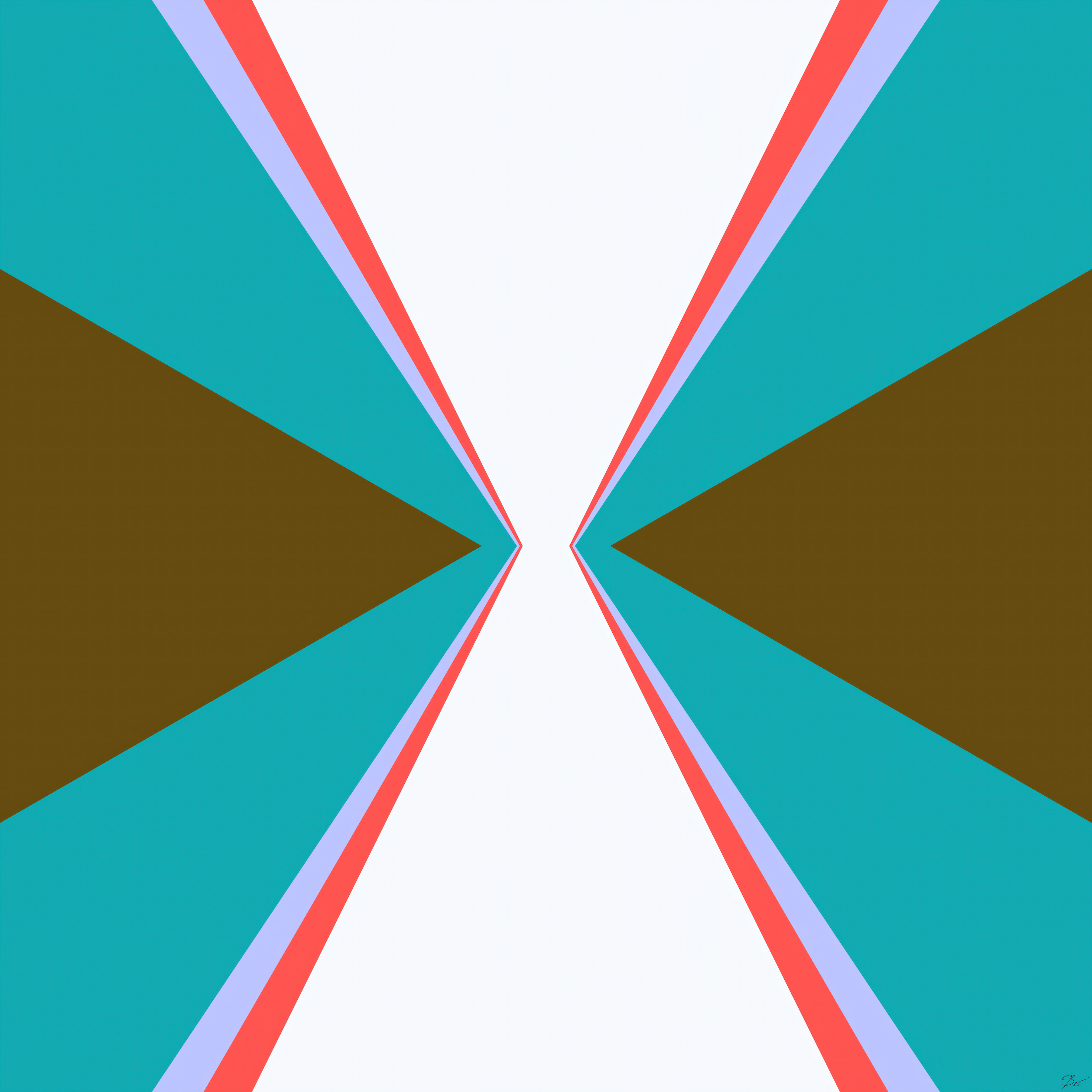Time" by Beau Monet is abstract geometric wall art with symmetrical teal and brown triangles on white, bordered by thin red and purple lines in a mirrored hourglass shape—ideal for modern interiors.