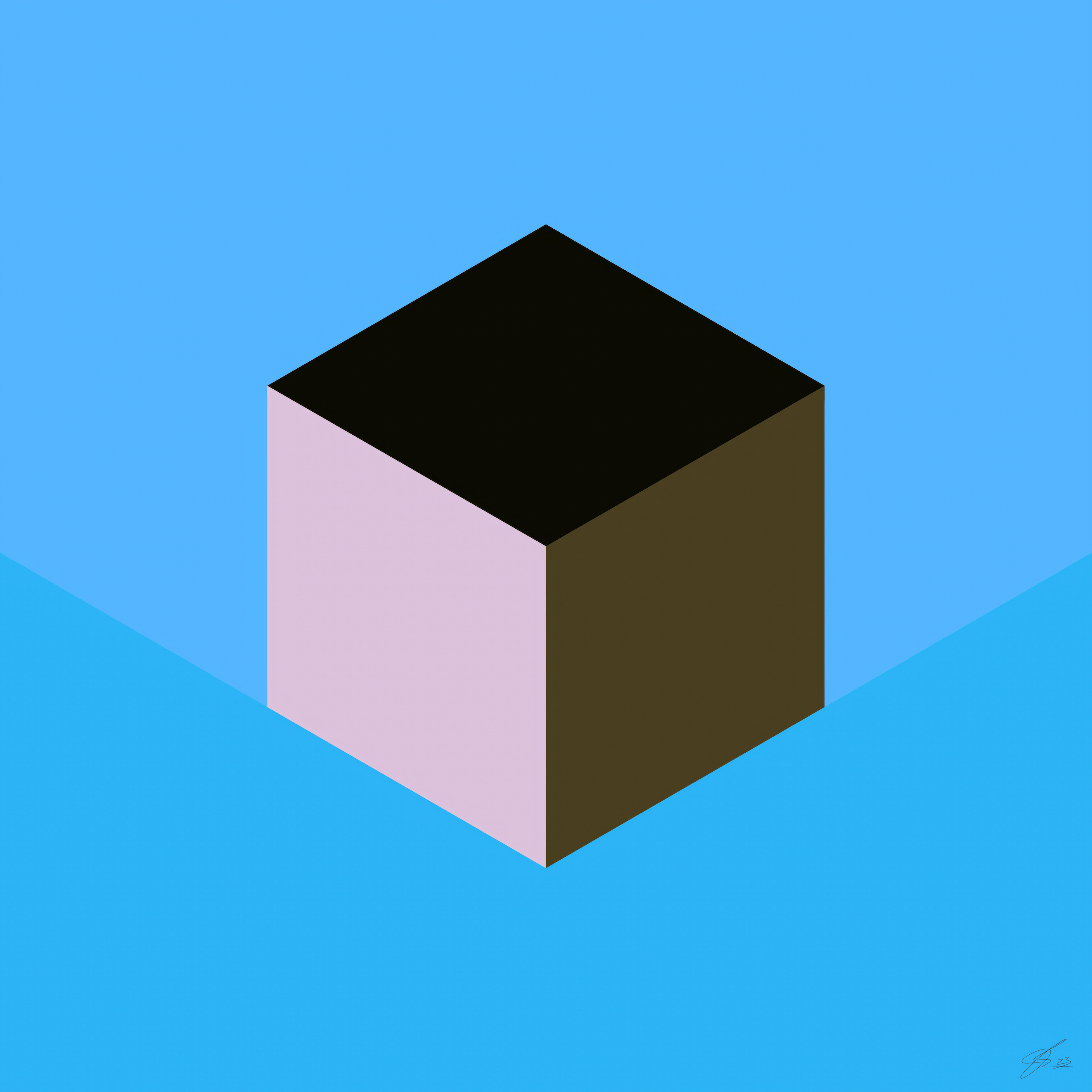 Self-Control" by Beau Monet features an isometric cube—black top, brown right side, and light pink left—set on a soft blue V-gradient background. Ideal minimalist contemporary decor.