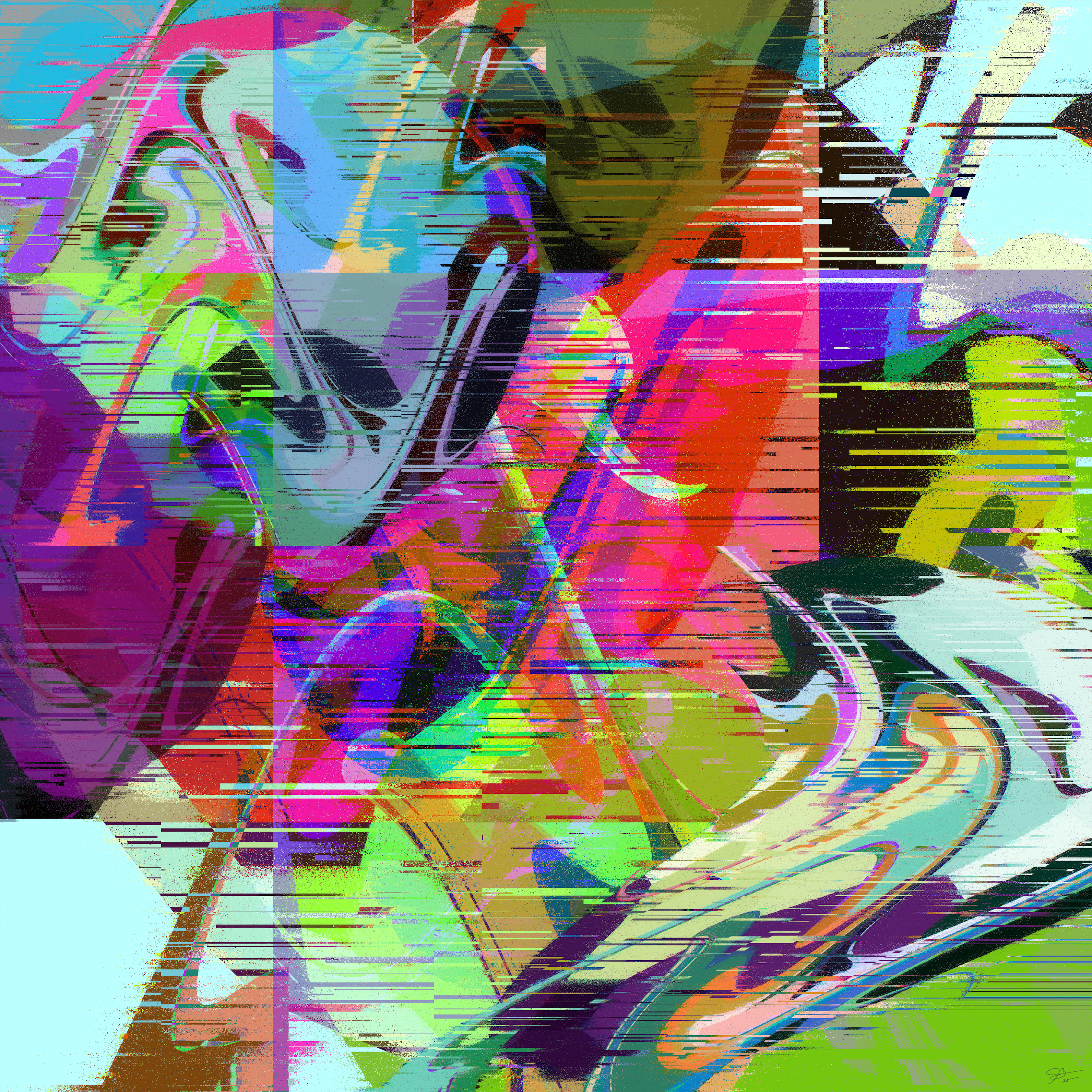 Seeking Something Missing" by Beau Monet is an abstract digital artwork with a glitch aesthetic—dynamic swirls of pink, green, blue, and purple flow beneath jagged horizontal lines for a sense of vibrant motion.
