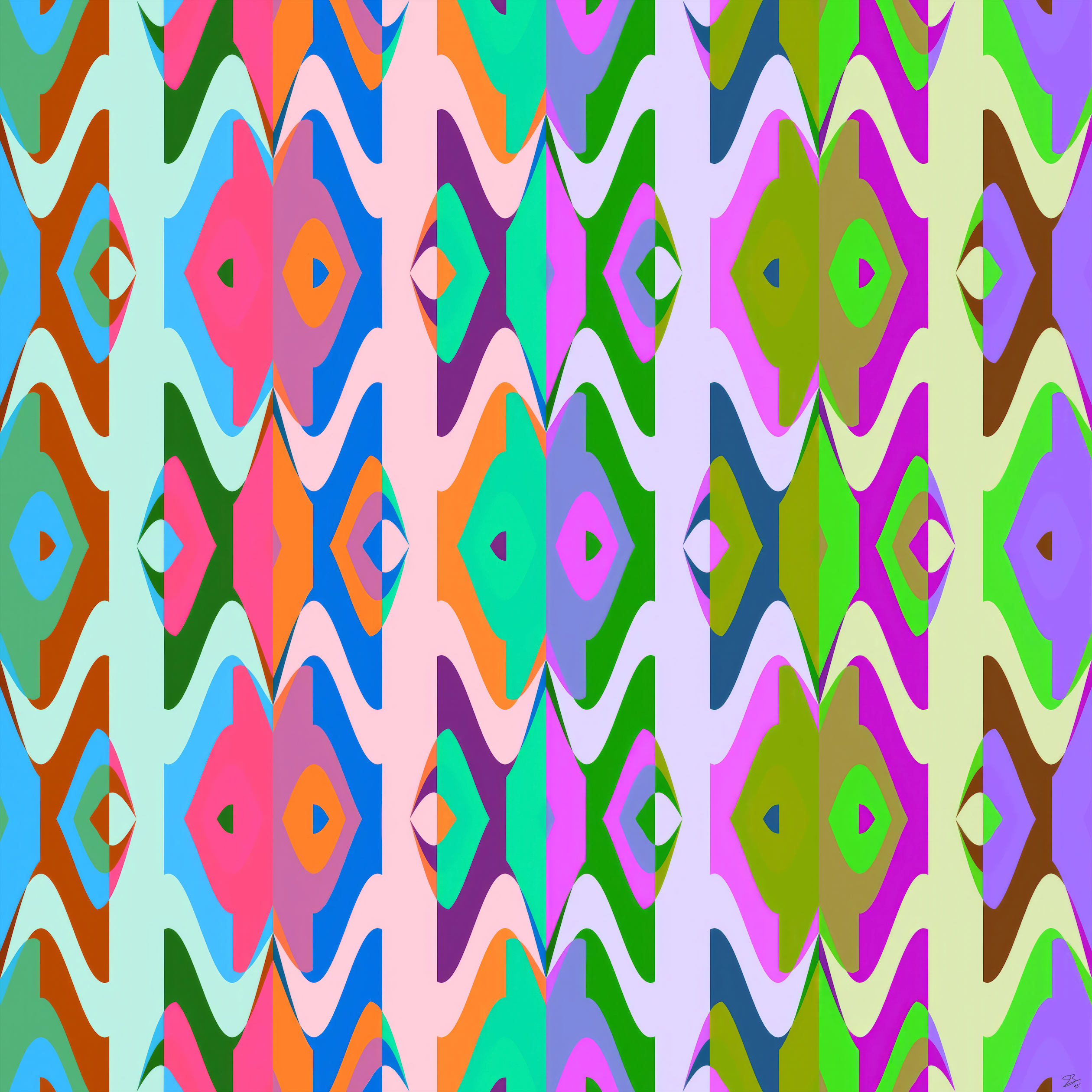 1971 by Beau Monet features a seamless pattern of colorful abstract artwork with symmetrical shapes in blue, pink, green, orange, and purple, arranged in vertical stripes on a repeating multicolored background.