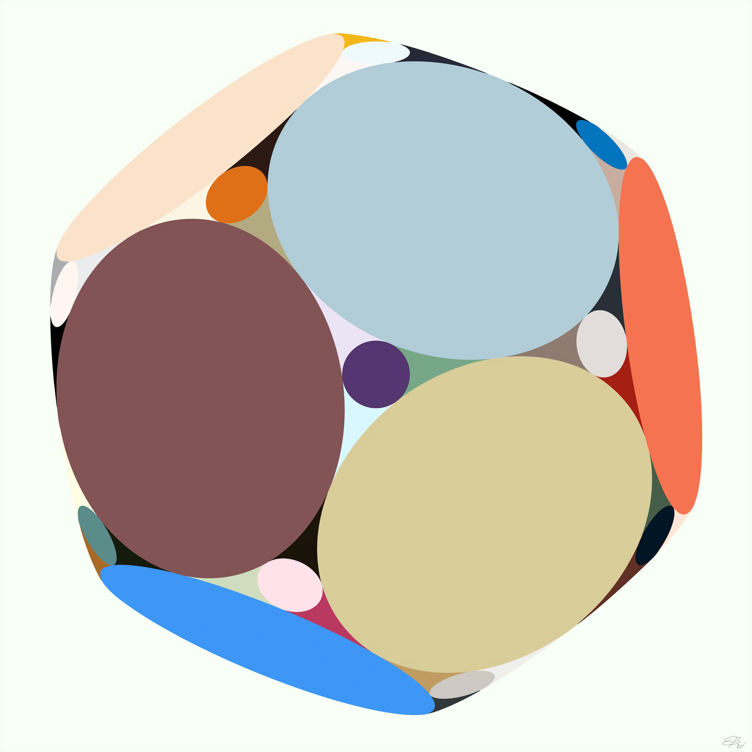 Cosmic Cookie by Beau Monet is abstract digital art with large overlapping ovals in muted blue, burgundy, beige, and yellow. Smaller elongated shapes on a pale background make it perfect modern wall art for contemporary interiors.