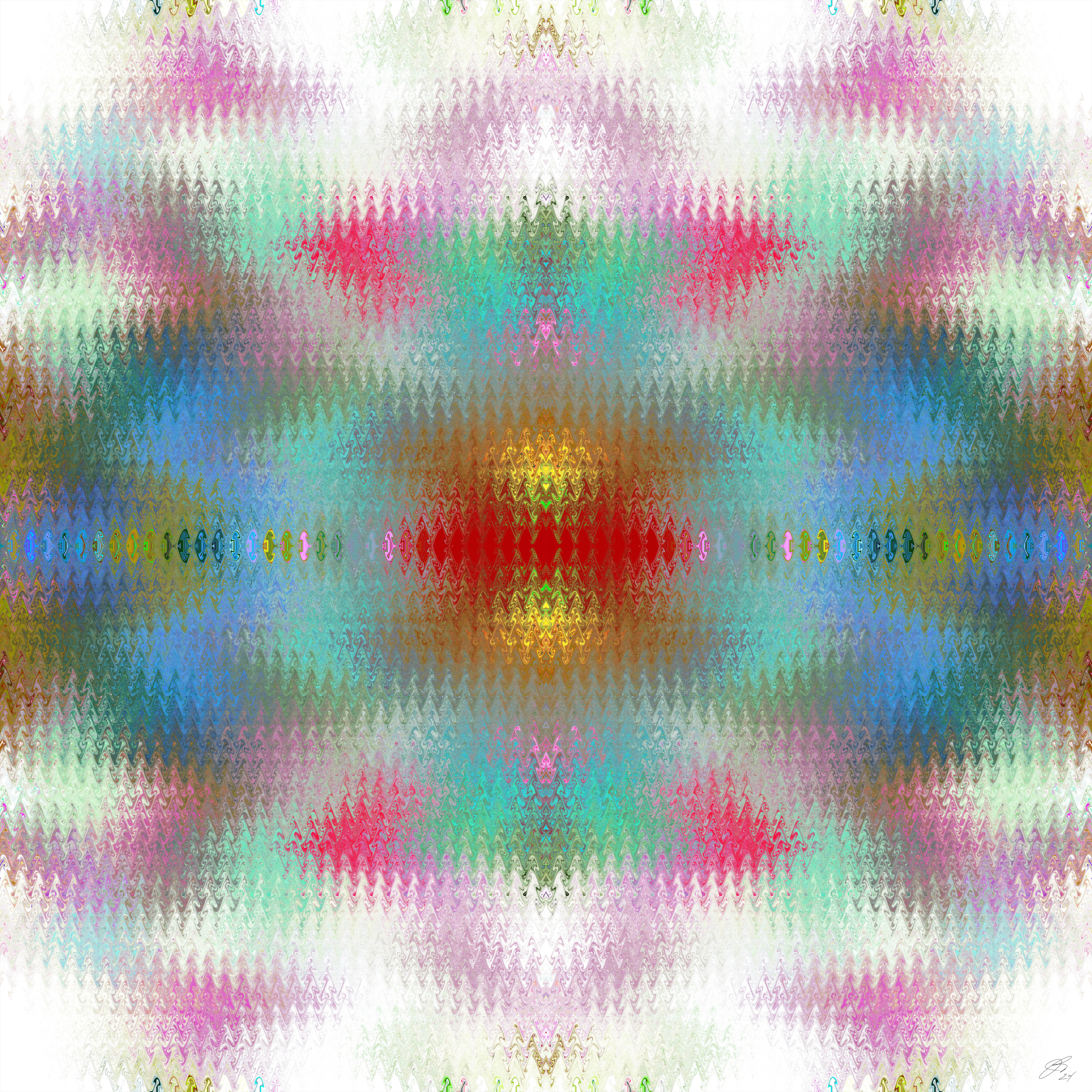 5 Star PSYOP by Beau Monet is a colorful abstract digital artwork featuring a symmetrical chevron pattern in vibrant red, blue, green, and pink tones. Textured effects make it ideal vibrant wall art for modern interiors.