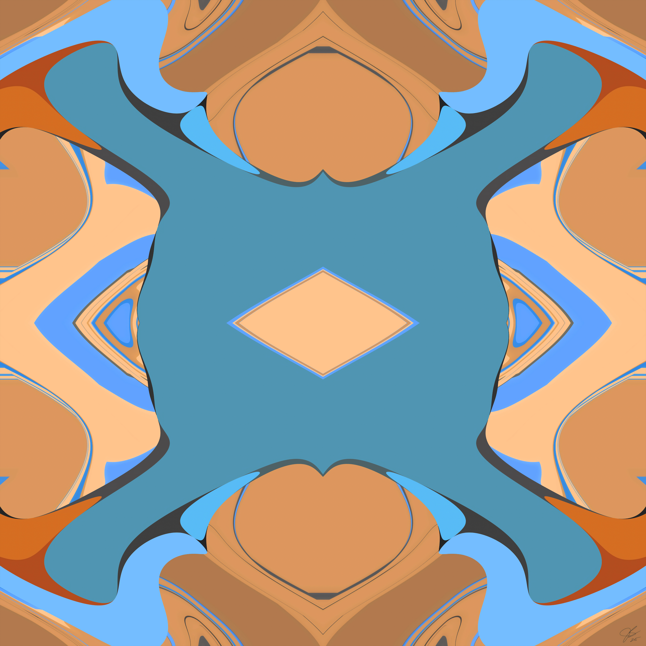Paddington Goes Dark by Beau Monet is an abstract digital artwork with symmetrical blue, tan, and orange shapes, a central diamond, and mirrored flowing forms—perfect for adding a calming, modern touch to your decor.