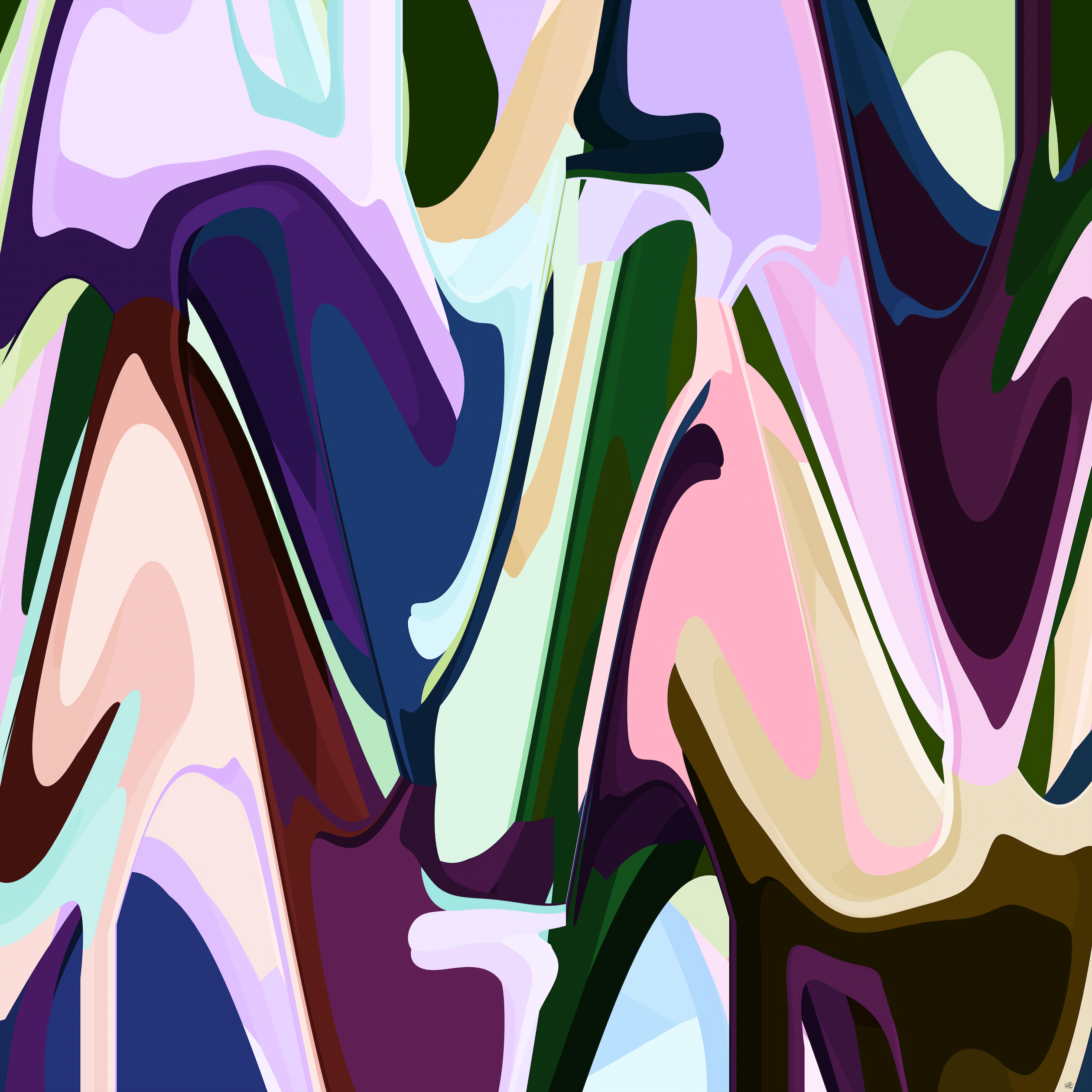The Box Bet by Beau Monet features abstract digital artwork with fluid shapes in pastel and deep purple, green, pink, cream, and blue. Surreal elements overlap in a vibrant pattern—ideal for adding modern style to your decor.