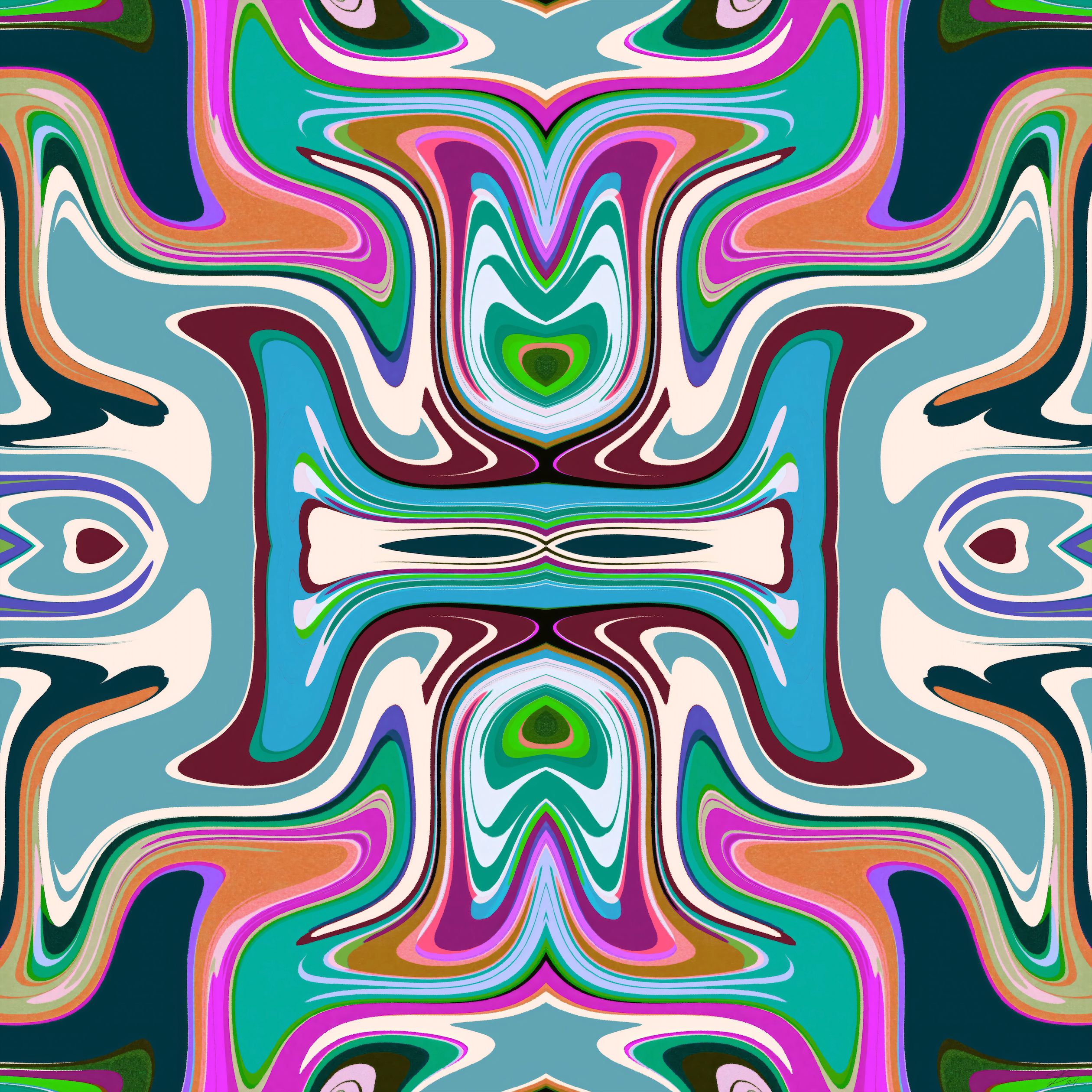 Surprise Me Gus" by Beau Monet features a vibrant abstract pattern with symmetrical, wavy shapes and mirrored elements, creating a psychedelic artwork reminiscent of Jeff Beaudoin’s bold, kaleidoscopic style.