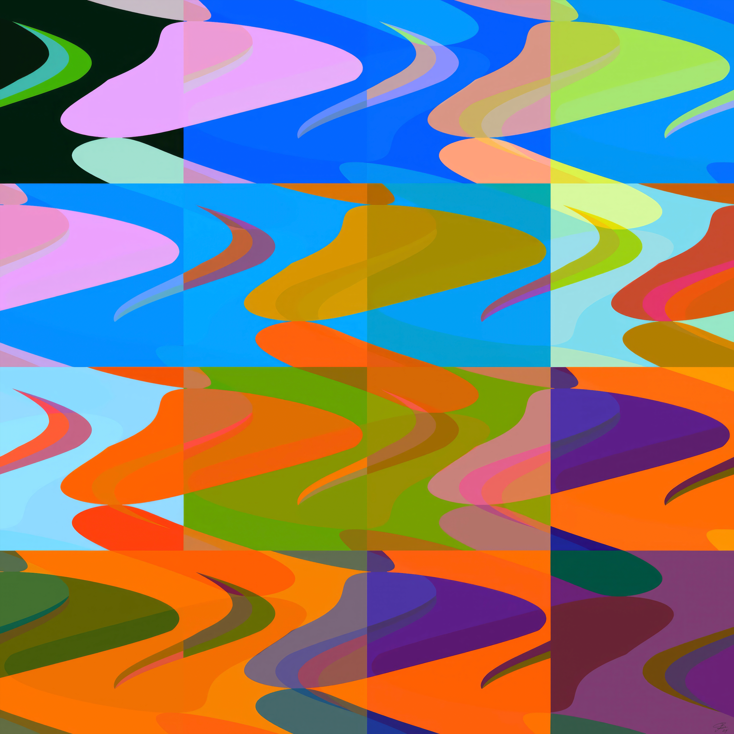 “Camp Fire” by Beau Monet features a vibrant grid of wavy, overlapping shapes in bold blue, orange, green, and pink—ideal modern wall art for adding energy and style to any space.
