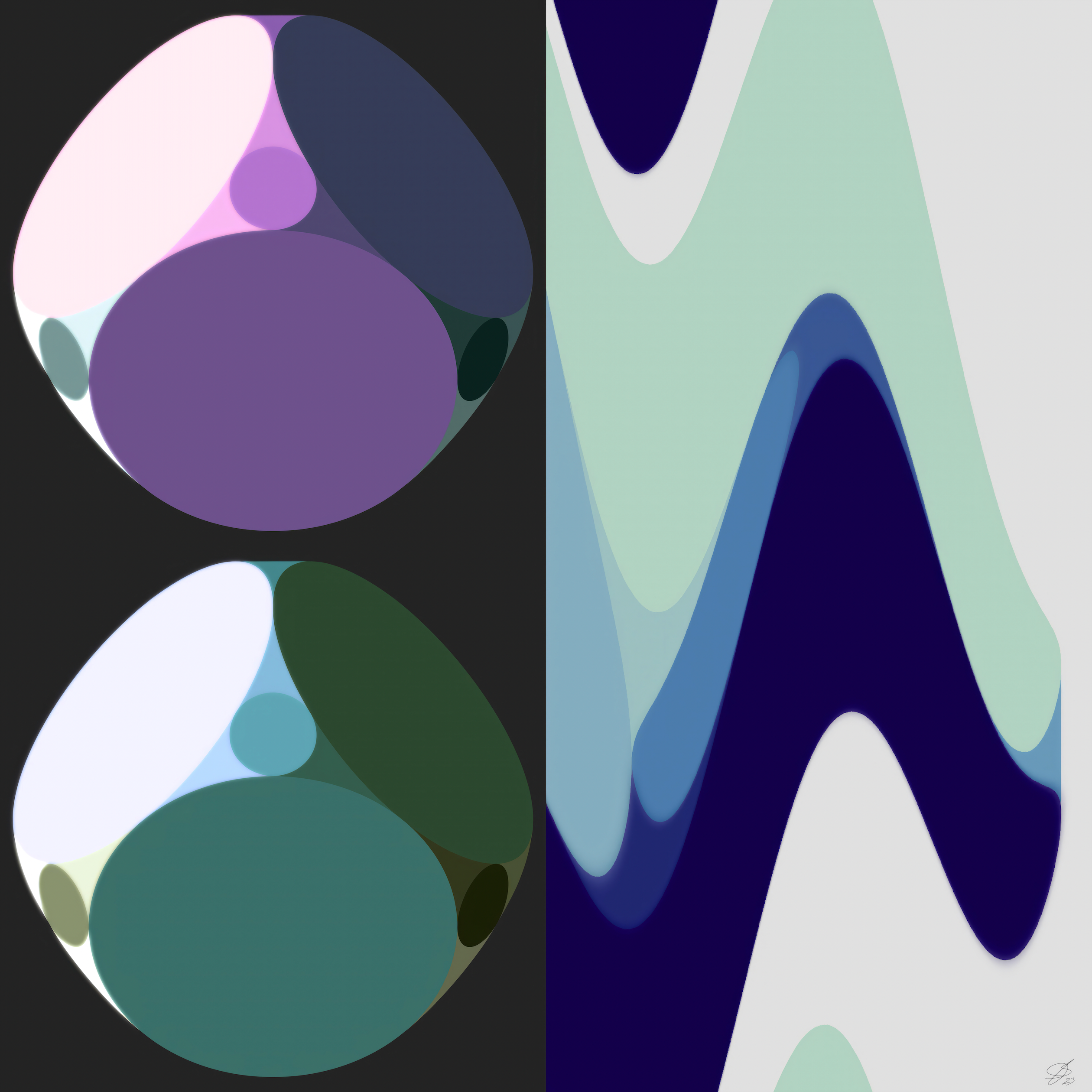 Euclid's Dogma by Beau Monet: abstract art with two large, glossy, multi-colored shapes on a dark background alongside wavy blue, green, and white bands—ideal for modern interiors and contemporary art lovers.