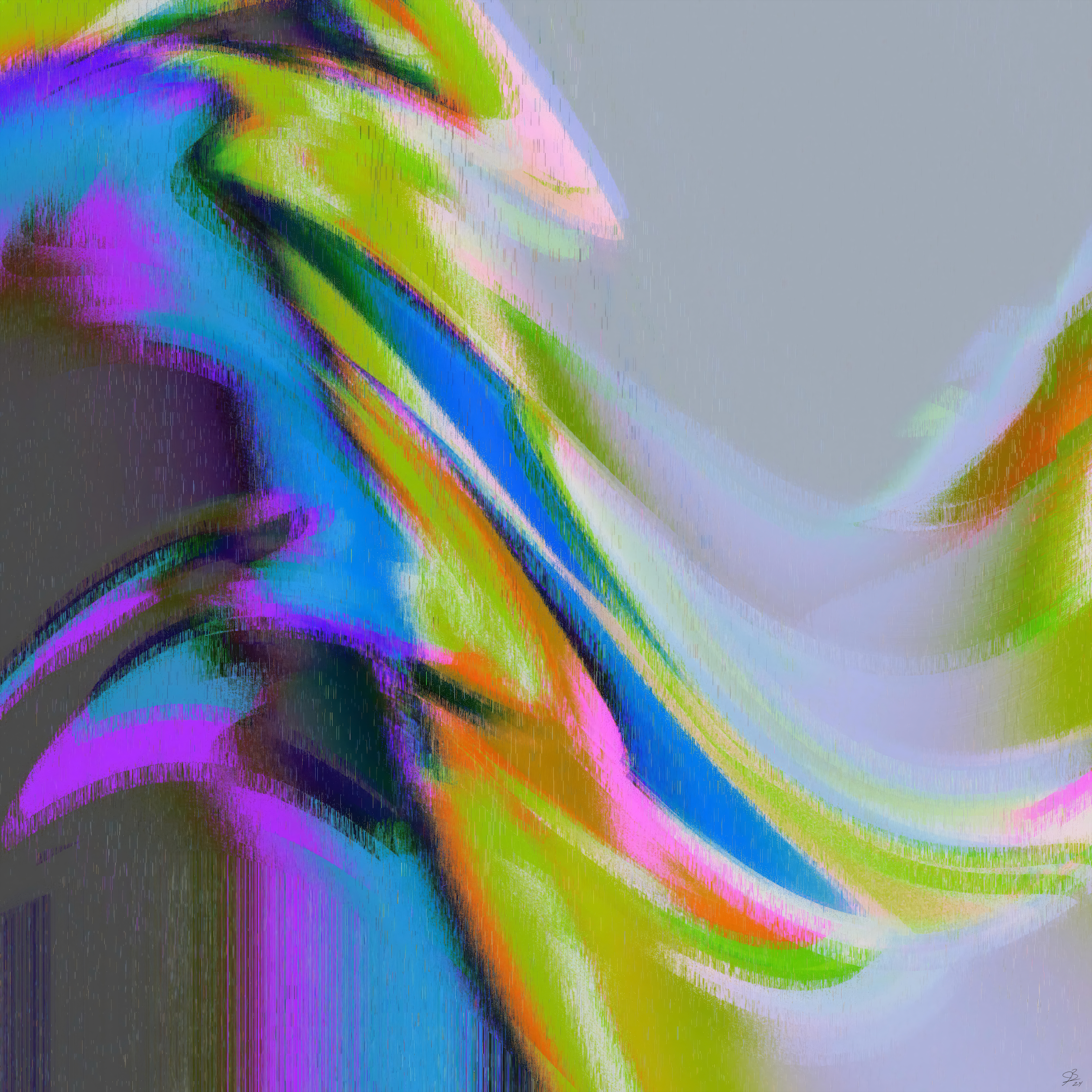 Dawn Patrol" by Beau Monet: Abstract digital artwork with swirling green, blue, pink, yellow, and purple shapes on a gray background. Vibrant colors blend energetically, capturing the dynamic motion that inspired the piece.