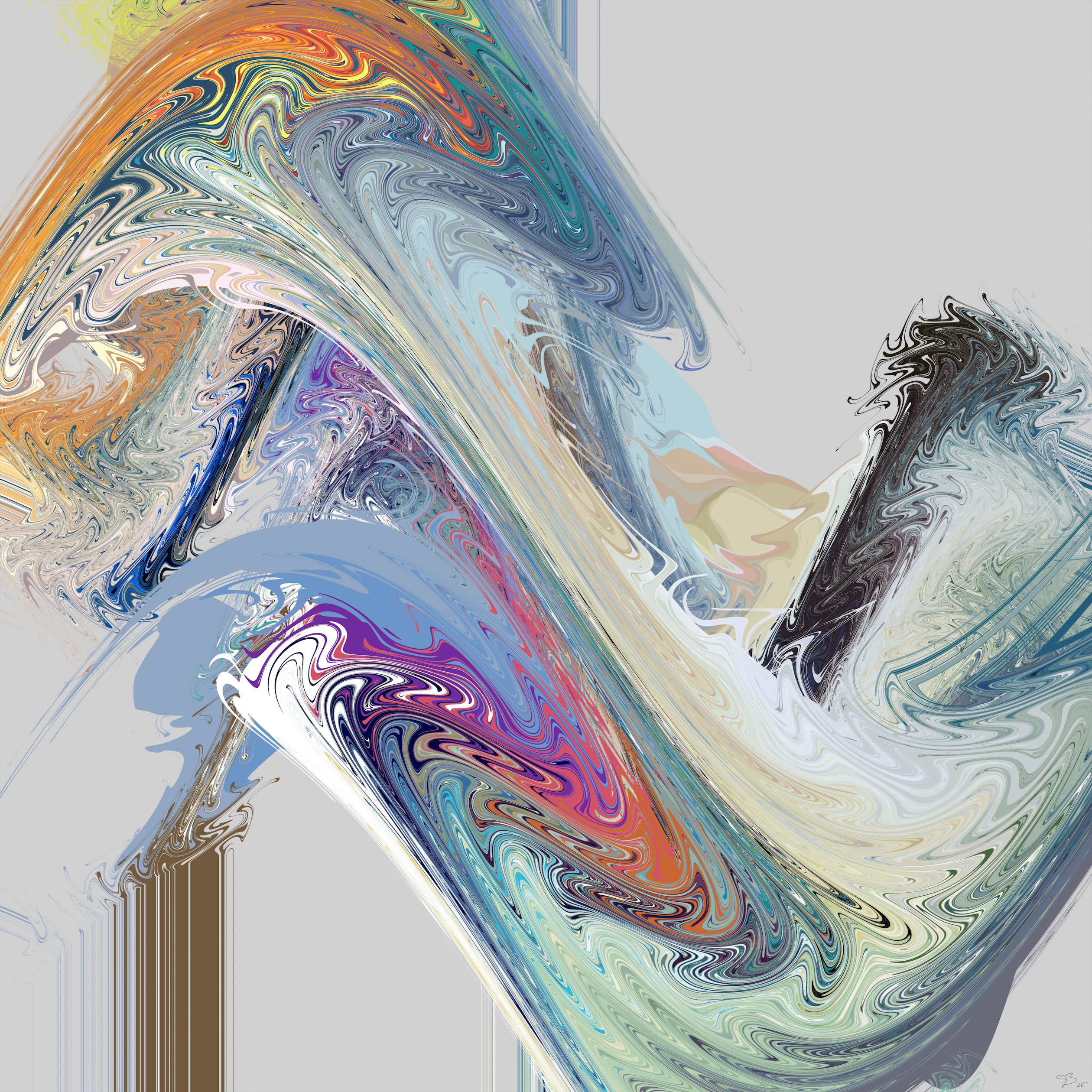 Learn to Swim" by Jeff Beaudoin is an abstract digital artwork featuring a swirling marble pattern with bursts of orange, blue, purple, green, and beige on light gray, evoking vibrant movement and depth in a contemporary style.