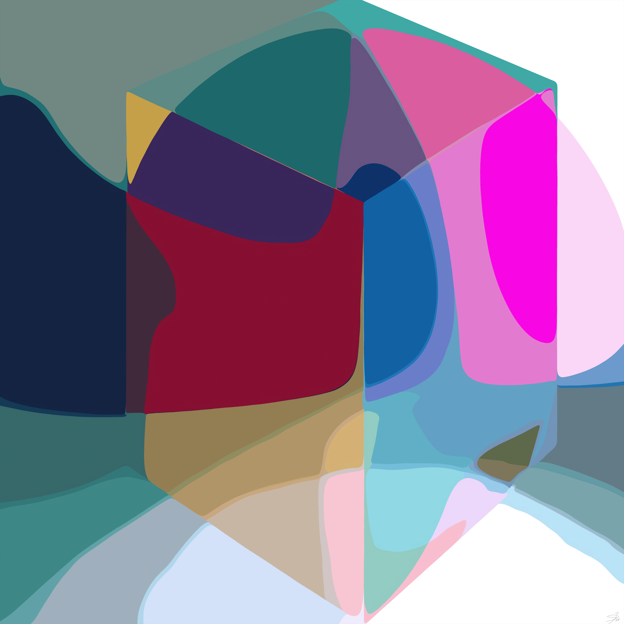 Cranberry Lake by Jeff Beaudoin is an abstract digital artwork featuring a translucent cube with blue, pink, red, gold, and teal fluid forms blending inside and around it against a soft multicolored background.